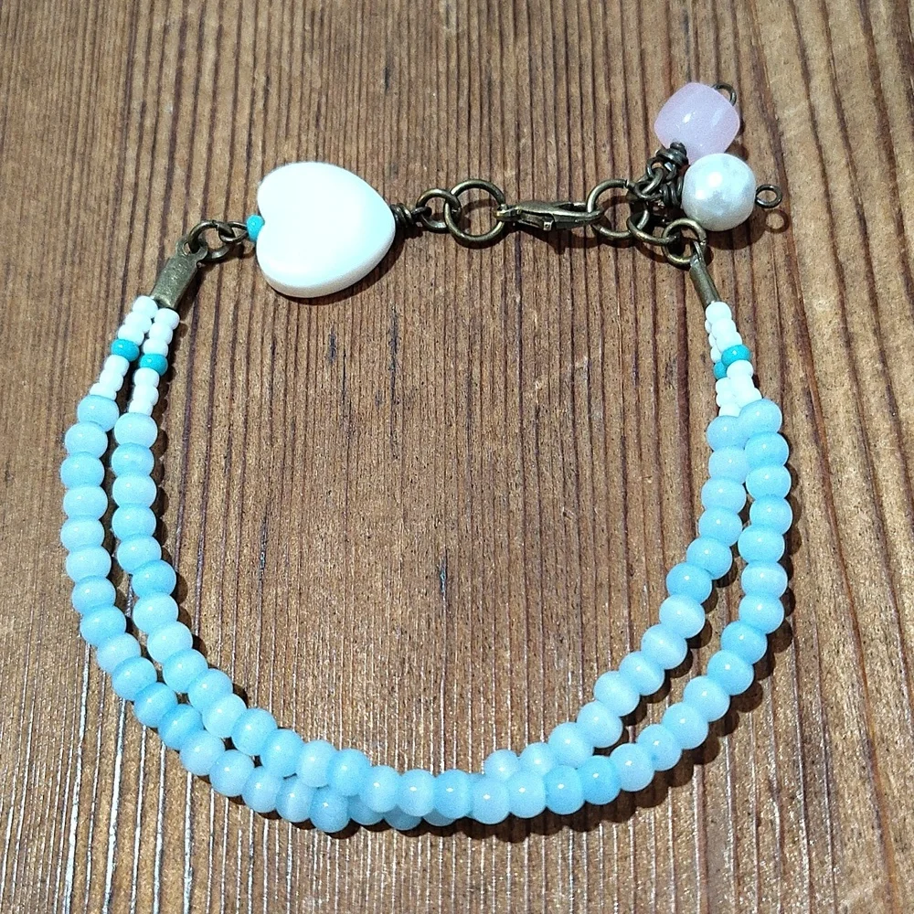 Ladies Double Strand Beaded Bracelet, Baby Blue Bracelet/Handmade Bracelet - Picture 7 of 7